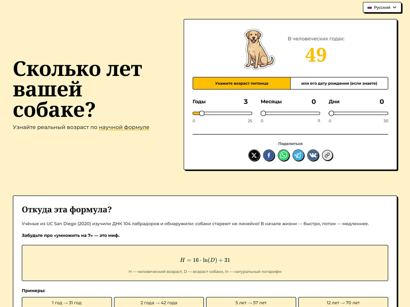 TrueDogAge — калькулятор возраста собаки по научной формуле