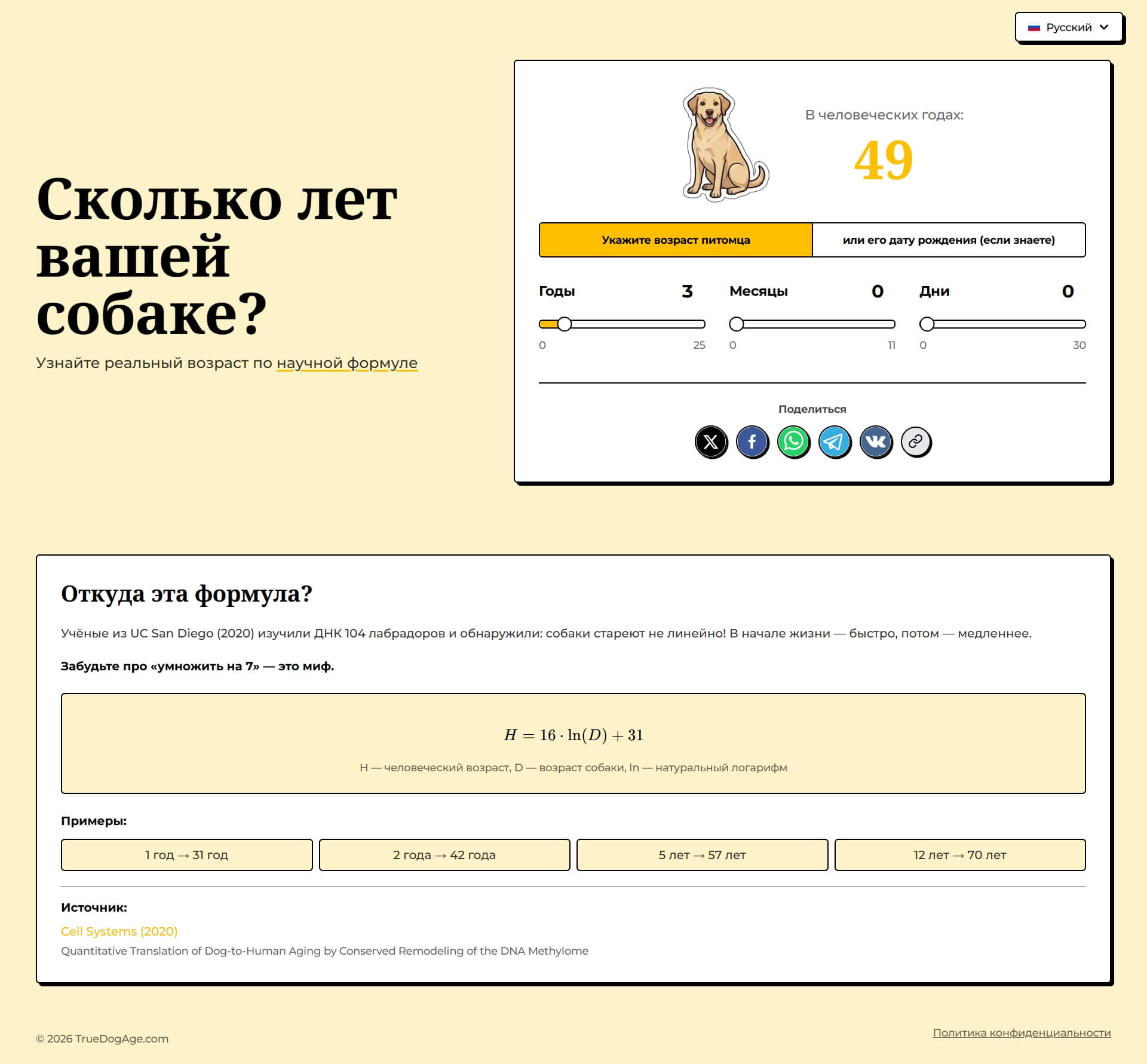 Скриншот сайта TrueDogAge